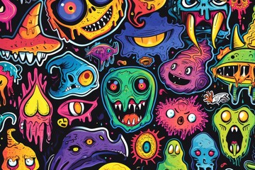 Fototapeta premium A vibrant canvas of cartoon characters, each brimming with unique emotions and expressions, brought to life through a psychedelic blend of drawing, painting, and modern art