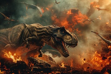 A majestic dinosaur flees from a fiery inferno, its powerful legs propelling it through a billowing cloud of smoke while a dragon-like creature roars in the distance, all set against the backdrop of  - obrazy, fototapety, plakaty