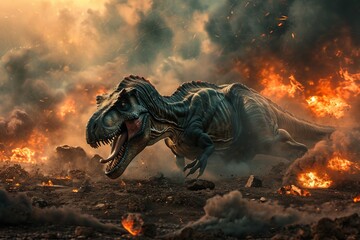 A mighty dinosaur charges through a blazing inferno, its thundering footsteps leaving behind a trail of smoke and destruction, as it races against time in a heart-pounding action-adventure game on pc