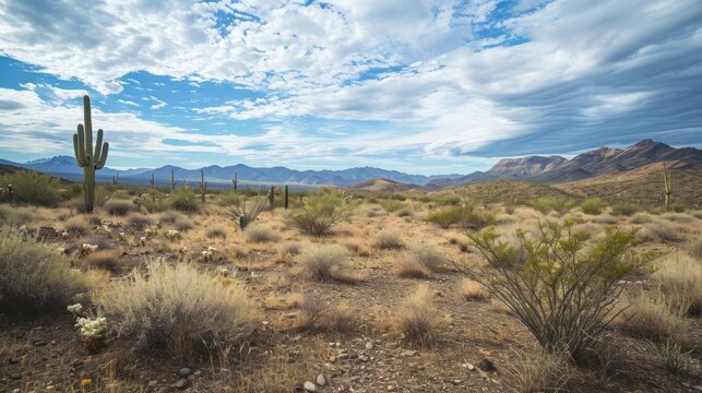  a desert landscape with a cactus and mountains in the background with clouds in the blue sky with white wispy wispy wispy wispy wispy wispy wispy wispy clouds.