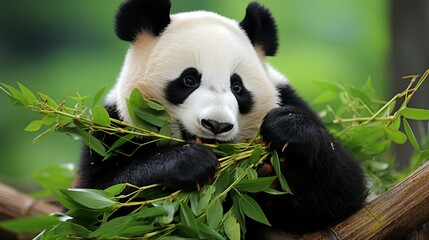 Fototapeta premium Cute panda bear peacefully eating fresh bamboo in its natural habitat