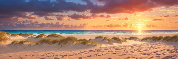 Obraz premium A breathtaking view of a vibrant sunset with colorful clouds over an ocean sand beach, creating a stunning and picturesque scenery