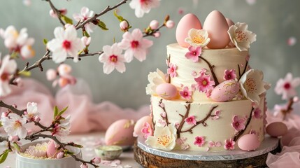  a close up of a cake on a table with flowers and eggs in the middle of the cake and on the table is a branch of a tree with pink flowers.