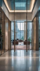 Fototapeta na wymiar Blurred abstract background interior view looking out toward to empty office lobby and entrance doors and glass curtain wall with frame