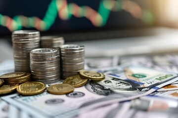 Stacked coins and banknotes symbolizing wealth and financial growth
