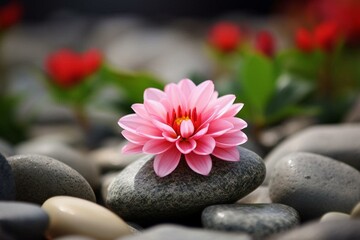 Beautiful flower amid smooth stones in serene garden. Generative AI