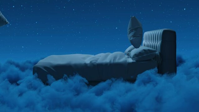 Bed with flying pillows over fluffy clouds at night