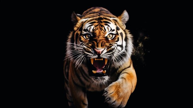 angry tiger running towards camera isolated transparent Ai Generative