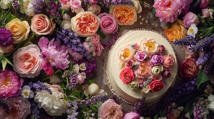  a cake sitting on top of a table covered in lots of pink and orange flowers next to a bunch of purple and white flowers on top of a white cake.