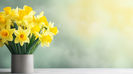 Cute spring background with daffodils bouquet in vase. Copy space