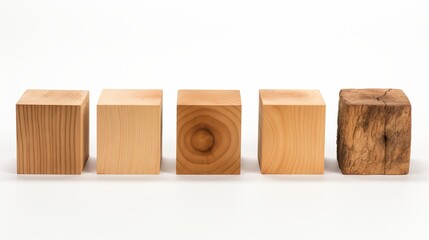 Natural wooden blocks in a row on white background for text placement, ideal for messages or quotes