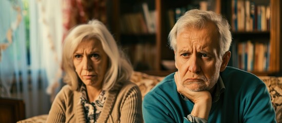 An upset elderly couple, experiencing marriage strain and relationship conflict, contemplate divorce and display anger and silent treatment at home.