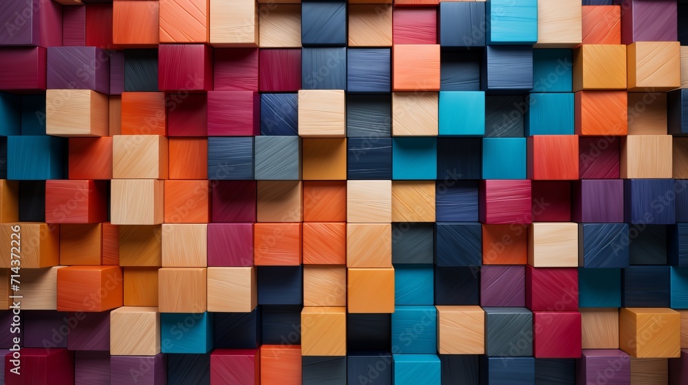 Poster vivid colorful wooden blocks aligned on a wide background, creating a captivating scene.