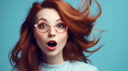 Obraz premium Surprised redhead girl in eyeglasses on blue background