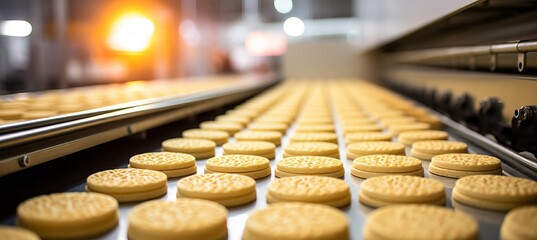 Efficient cookie production line in confectionery factory with high volume operation.