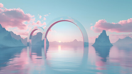 3d render, abstract panoramic background, northern futuristic landscape, fantastic scenery with calm water, simple geometric mirror arches and pastel blue gradient sky. Minimal zen aesthetic wallpaper