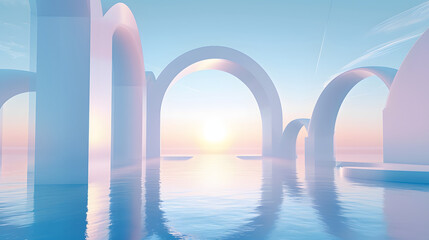 3d render, abstract panoramic background, northern futuristic landscape, fantastic scenery with calm water, simple geometric mirror arches and pastel blue gradient sky. Minimal zen aesthetic wallpaper