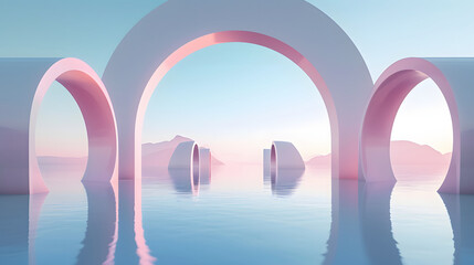 3d render, abstract panoramic background, northern futuristic landscape, fantastic scenery with calm water, simple geometric mirror arches and pastel blue gradient sky. Minimal zen aesthetic wallpaper