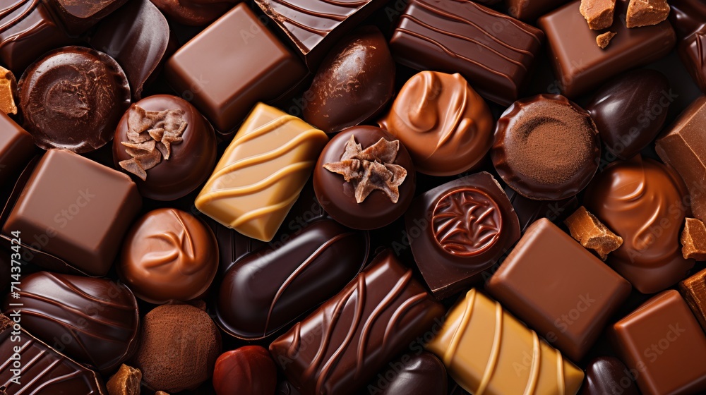 Poster delicious array of tempting chocolate candies in captivating top down arrangement