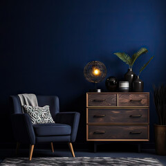 Home interior mock-up with dark blue armchair, table and decor in living room,