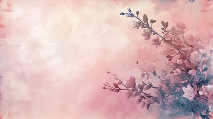  a watercolor painting of a branch with pink flowers on a pink and blue background with a pink sky in the background and a pink cloud in the foreground.