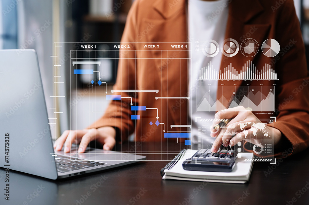 Aufkleber businesswoman hand project manager working and update tasks and gantt chart scheduling virtual diagr