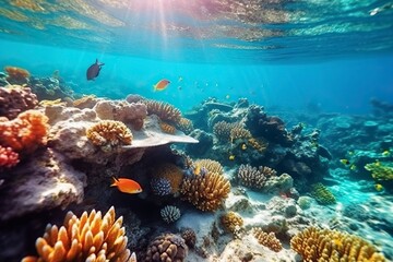 Naklejka na ściany i meble Underwater world with vibrant coral reefs exotic fish