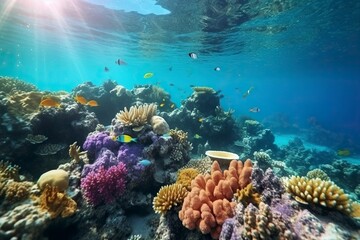 Underwater world with vibrant coral reefs exotic fish