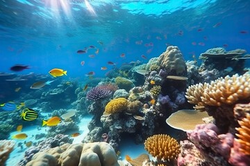 Naklejka na ściany i meble Underwater world with vibrant coral reefs exotic fish