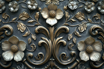 Art Nouveau Wallpaper, Relief with Blooming Flowers on a Sculpted Panel, Interior Surface Material Texture