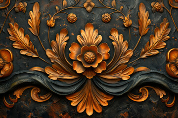 Art Nouveau Wallpaper, Gold and Black Accents,  Relief with Blooming Flowers on a Sculpted Panel, Interior Surface Material Texture