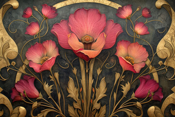 Art Nouveau Wallpaper, Relief with Blooming Flowers on a Sculpted Panel, Interior Surface Material Texture