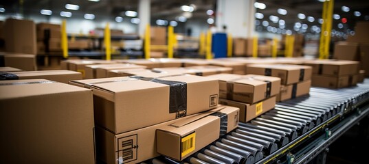 Efficient cardboard box packages moving on conveyor belt in warehouse fulfillment center