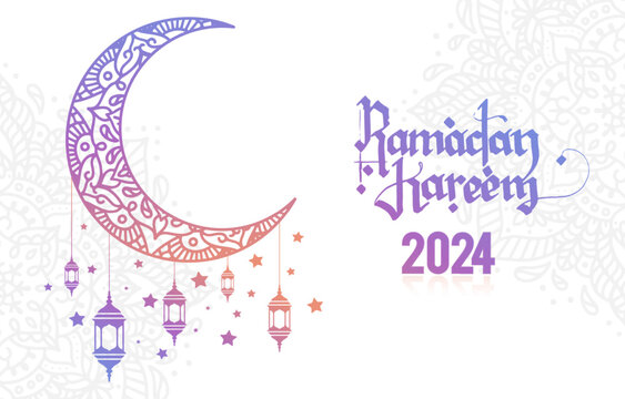 ramadan kareem 2024 banner with white and purple background design