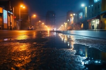 Obraz premium Wet asphalt reflection of neon lights a searchlight
