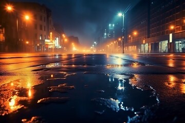 Fototapeta premium Wet asphalt reflection of neon lights a searchlight