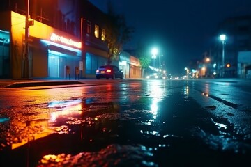 Wet asphalt reflection of neon lights a searchlight