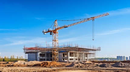 Fototapeta na wymiar House construction process crane and building site against clear blue sky