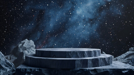 Stone podium backdrop for product display with abstract galaxy night scene. 3d rendering.