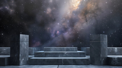Stone podium backdrop for product display with abstract galaxy night scene. 3d rendering.
