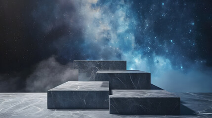 Stone podium backdrop for product display with abstract galaxy night scene. 3d rendering.