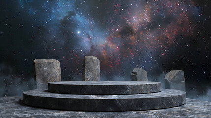 Stone podium backdrop for product display with abstract galaxy night scene. 3d rendering.