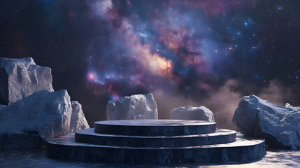 Stone podium backdrop for product display with abstract galaxy night scene. 3d rendering.
