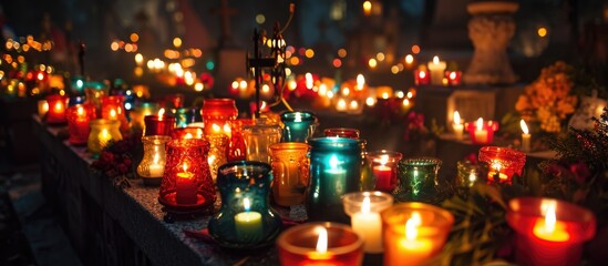Fototapeta premium Poland's All Saints Day with vibrant cemetery candles.