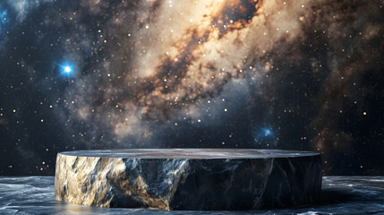 Stone podium backdrop for product display with abstract galaxy night scene. 3d rendering.