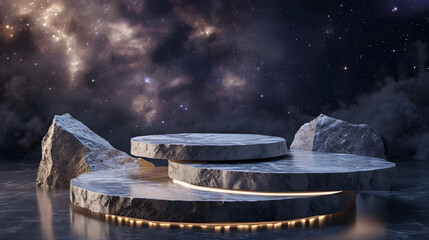 Stone podium backdrop for product display with abstract galaxy night scene. 3d rendering.