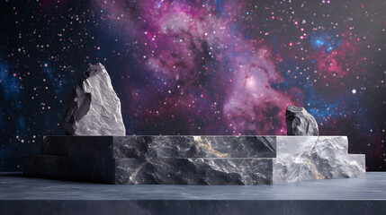 Stone podium backdrop for product display with abstract galaxy night scene. 3d rendering.