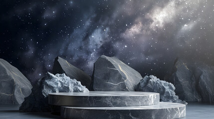 Stone podium backdrop for product display with abstract galaxy night scene. 3d rendering.