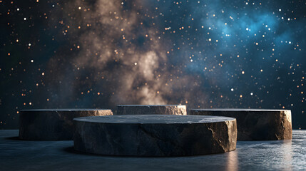 Stone podium backdrop for product display with abstract galaxy night scene. 3d rendering.