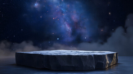 Stone podium backdrop for product display with abstract galaxy night scene. 3d rendering.